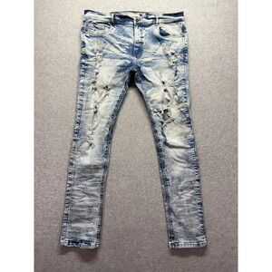 Evolution In Design Mens Distressed Acid Wash Slim Straight Jeans Blue 40x32